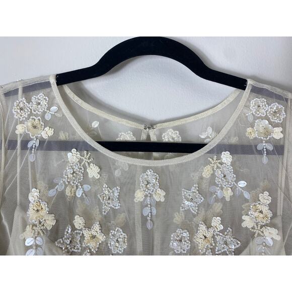 ADRIANNA PAPELL DRESS 14  FAIRY WHIMSICAL SEQUIN BEADED FLORAL SHEER FLUTTER - Picture 6 of 16